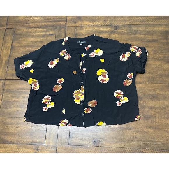 Madewell Tops - Madewell Womens XL Black Floral Button Front Short Sleeve Viscose Blouse Top